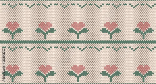 Heart flower on cream knitted pattern, Festive Sweater Design. Seamless Knitted Pattern