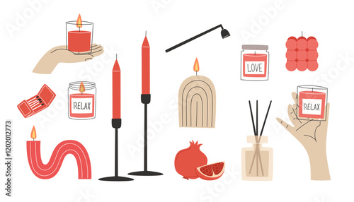 Set of relaxation candles with pomegranate, accompanied by a fragrance oil reed diffuser
