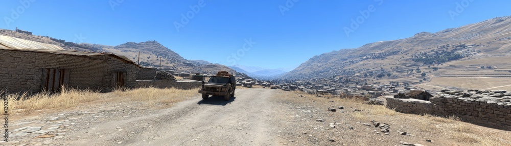 Mountain convoy, village backdrop, arid landscape, travel photo Mountain convoy, village backdrop, arid landscape, travel photo