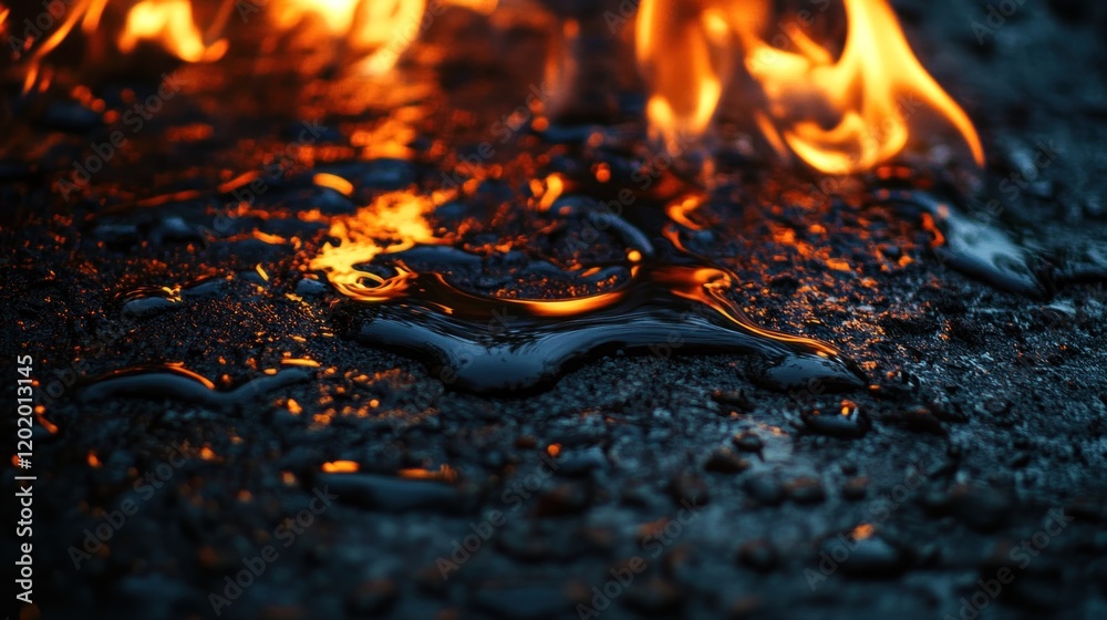 Close-up of fire burning on dark surface with oil. Close-up of fire burning on dark surface with oil.