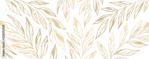  Banner with gold branches and leaves on transparent background, vintage line art plant foliage illustration