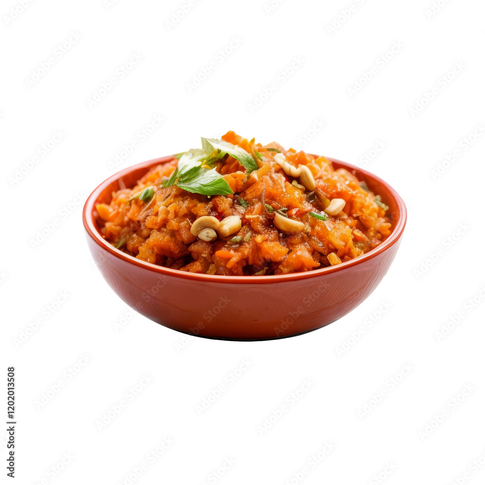 Gajar ka Halwa in Bowl: A vibrant and appetizing bowl of Gajar ka Halwa, a traditional Indian carrot dessert, garnished with cashews and basil. Gajar ka Halwa in Bowl: A vibrant and appetizing bowl of Gajar ka Halwa, a traditional Indian carrot dessert, garnished with cashews and basil.