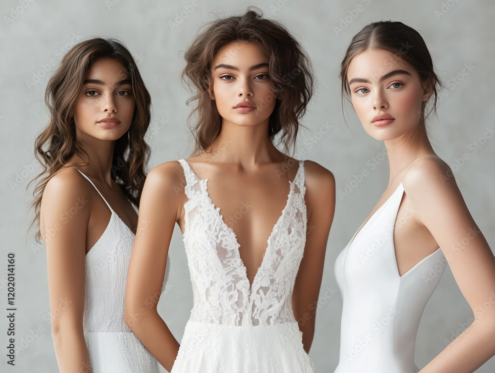 Elegant Bridal Fashion Portrait with Three Models in White Dresses Elegant Bridal Fashion Portrait with Three Models in White Dresses