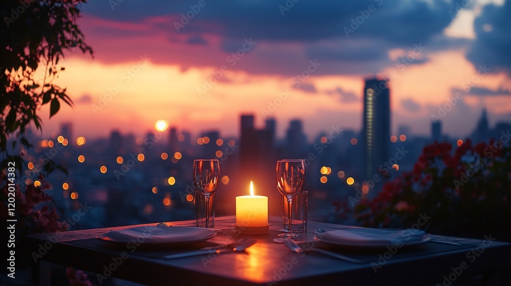 Obraz premium Romantic sunset dinner, city view