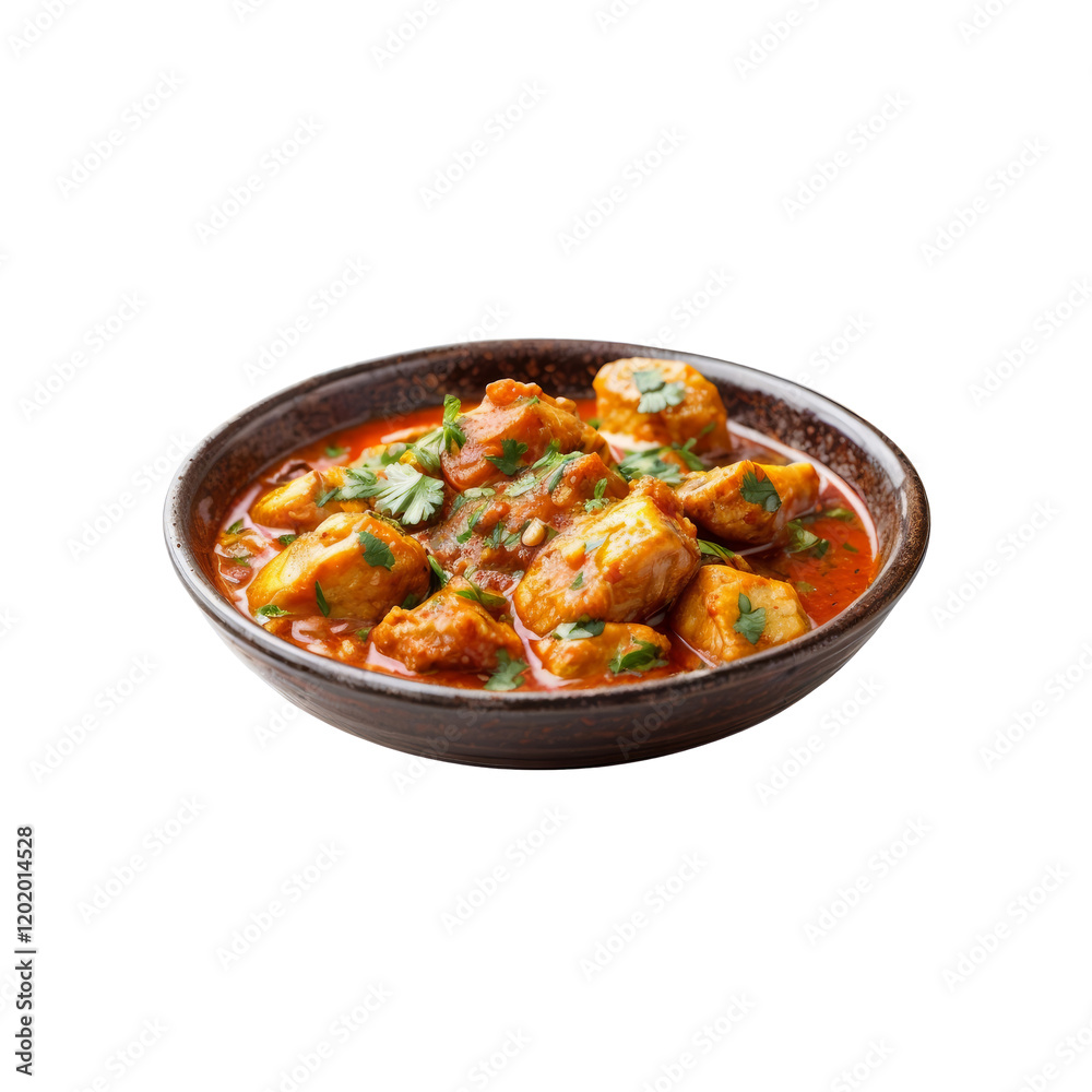 Spicy Chicken Curry: A close-up of a steaming bowl of chicken curry, with tender pieces of chicken simmering in a rich, fragrant tomato-based sauce, garnished with fresh cilantro. Spicy Chicken Curry: A close-up of a steaming bowl of chicken curry, with tender pieces of chicken simmering in a rich, fragrant tomato-based sauce, garnished with fresh cilantro.