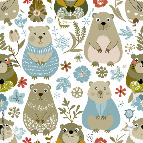 Playful Seamless Pattern of Marmots, Snowflakes, and Early Spring Flowers in Soft Tones, Festive Background photo