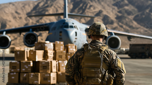 Soldier guarding humanitarian aid supplies near military aircraft
