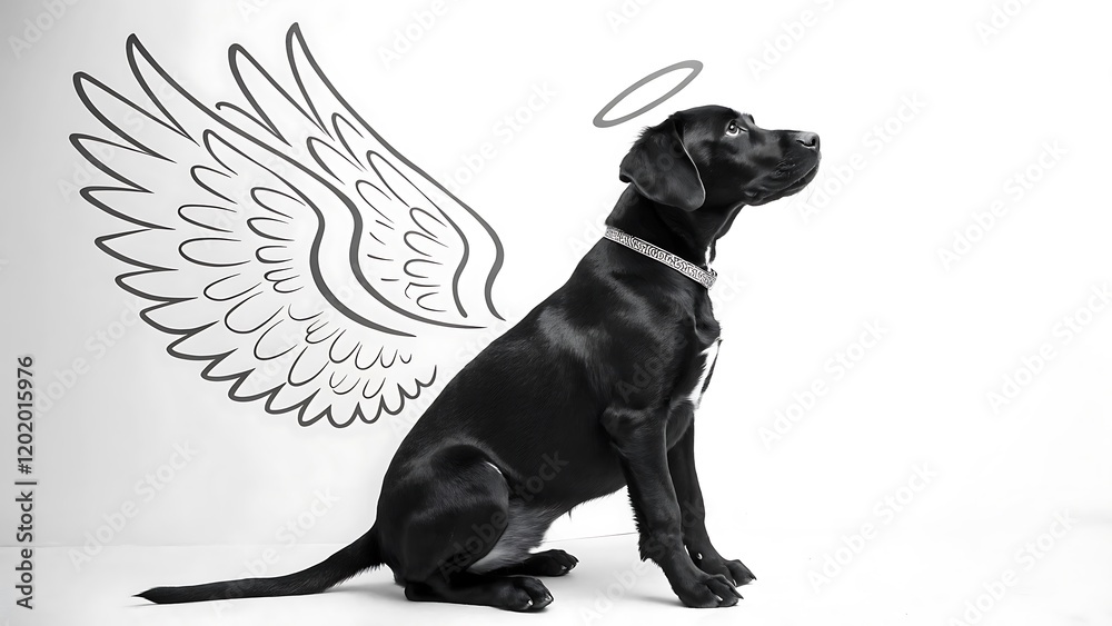 Obraz premium A black labrador puppy in a pose with white angel wings