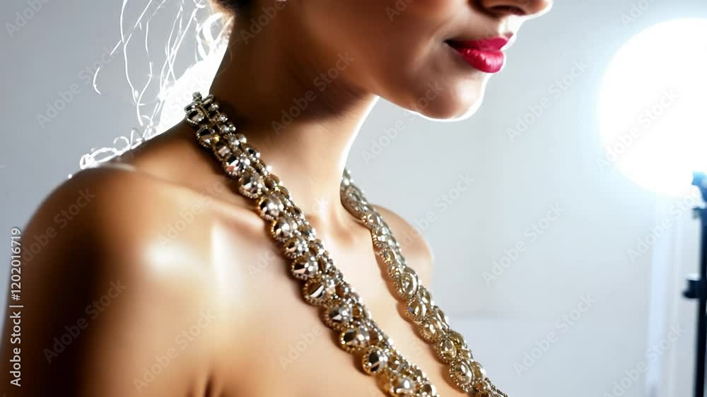 Dolly out video from a model showcasing a delicate beaded necklace in a brightly lit studio using bounce light, even lighting highlights the subtle colors and textures