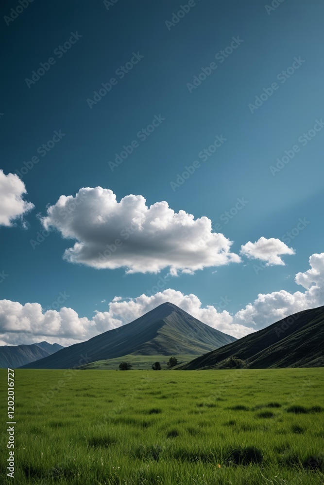 Fototapeta premium there is a green field with a mountain in the background