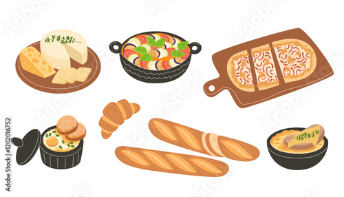 Traditional French Cuisine Set: Ratatouille, Tarte Flambee, Oeufs Cocotte with Tarragon, Onion Soup, Cheese Platter on Wooden Board, Croissant, and Baguette