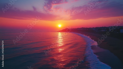 Vivid sunset over a tranquil ocean reflecting a range of pink and orange hues illuminating the sky and waves