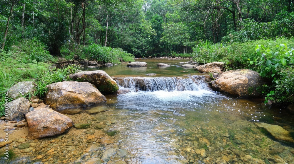 Fototapeta premium Tranquil stream flows through lush rainforest