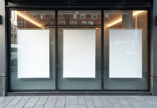 Street Poster Mockup: Three White Sheets, Large, Glass Covered, Wall, City, High Quality, Realistic, Close-up, Photo Mockup, Urban photo