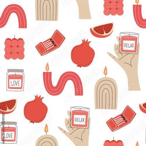 Seamless pattern with scented pomegranate candles and interior decor in flat style