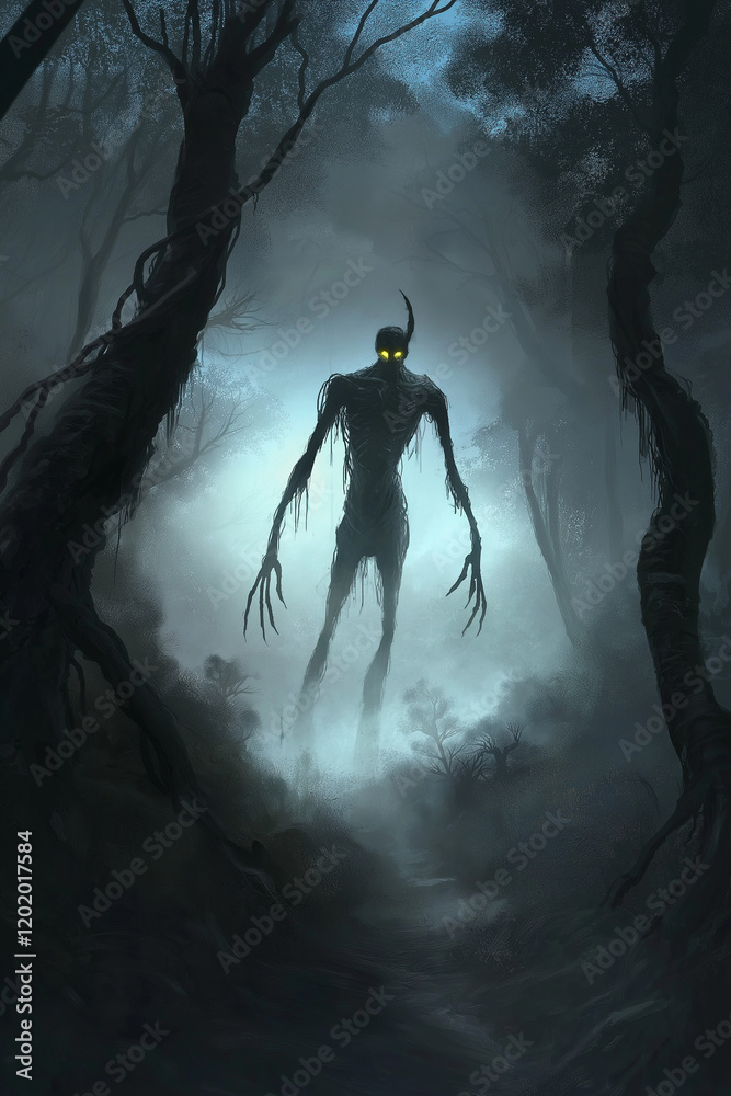 Fototapeta premium Trügerisches Wesen im Nebel des Waldes mit leuchtenden Augen