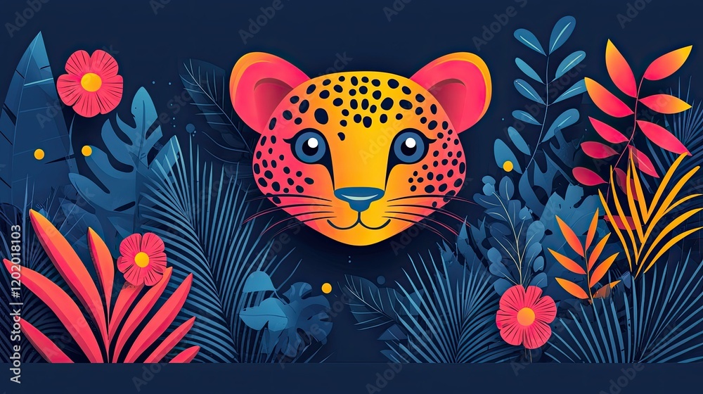 Fototapeta premium Cheetah Face Amidst Vibrant Tropical Foliage