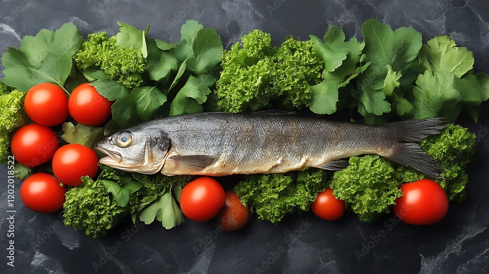 Fresh Fish Surrounded By Tomatoes And Greens Fresh Fish Surrounded By Tomatoes And Greens