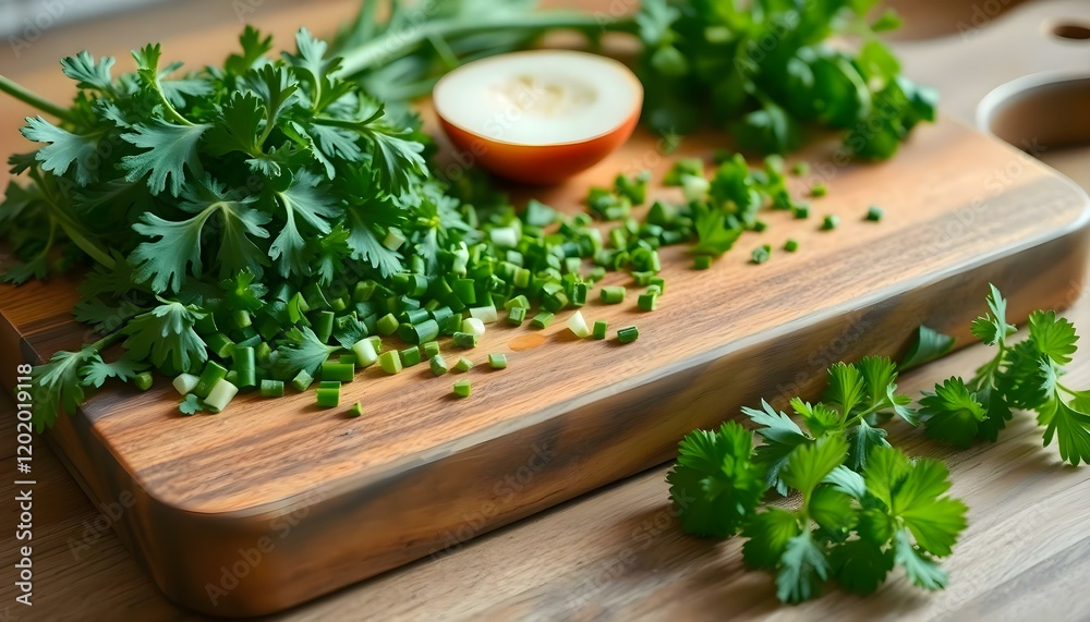 a cutting board with parsley and an apple on it a cutting board with parsley and an apple on it