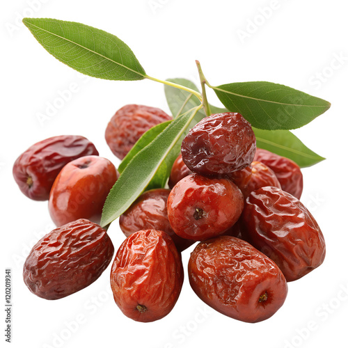 A small cluster of fresh jujube fruits with a glossy red-brown skin, arranged naturally alongside dried jujubes showing their wrinkled texture
