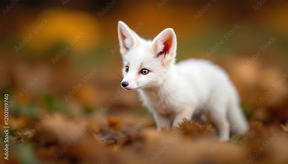 Obraz premium Adorable White Fox Kit in Autumn Leaves: A Serene Wildlife Portrait