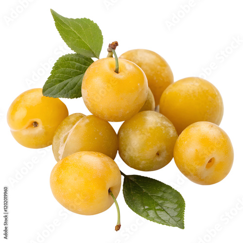 A small handful of golden-yellow mirabelle plums with smooth skins, arranged naturally, isolated on a transparent background.