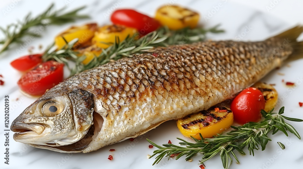Grilled fish served with roasted vegetables and rosemary Grilled fish served with roasted vegetables and rosemary