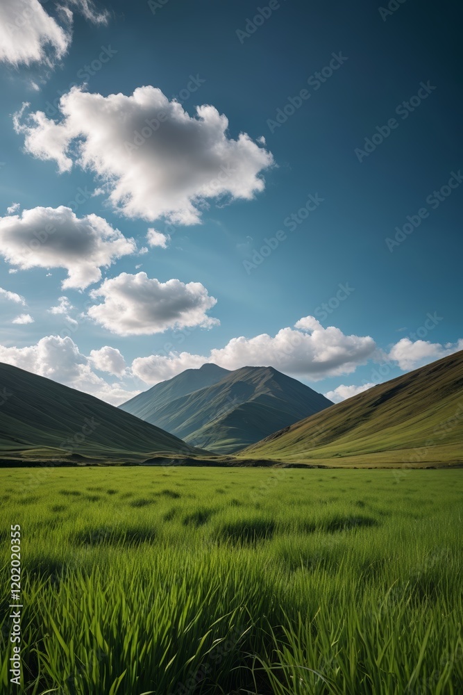 Fototapeta premium there is a field of grass in the middle of a mountain range
