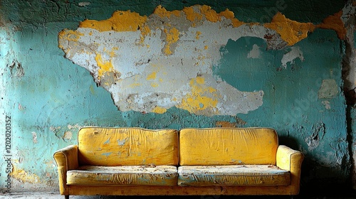 Old Yellow Sofa Against a Damaged Teal Wall photo