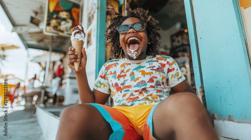 Obraz premium A playful kid happily enjoys an ice cream cone while wearing stylish sunglasses, embodying the essence of summer fun and carefree moments captured in vibrant colors.