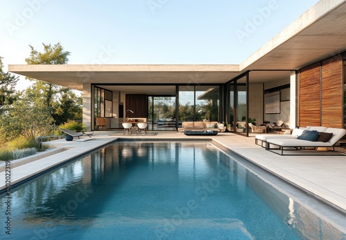 Modern Architectural Marvel with a Stunning Pool Surrounded by Lush Greenery and Sleek Design Elements in a Bright  Sunlit Outdoor Space