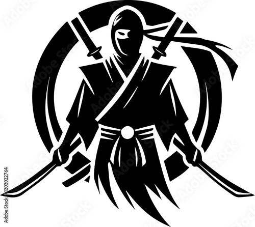 Black Ninja Silhouette Icons with Swords and Dynamic Action Poses