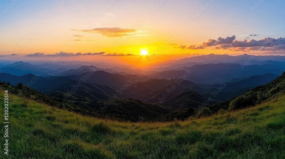 Sunset over mountain range, panoramic view, grassy foreground, peaceful sky. Use travel, nature Sunset over mountain range, panoramic view, grassy foreground, peaceful sky. Use travel, nature
