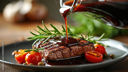 Close-up of a chef pouring a sauce over a plated dish, focus on the sauce and plate details photo