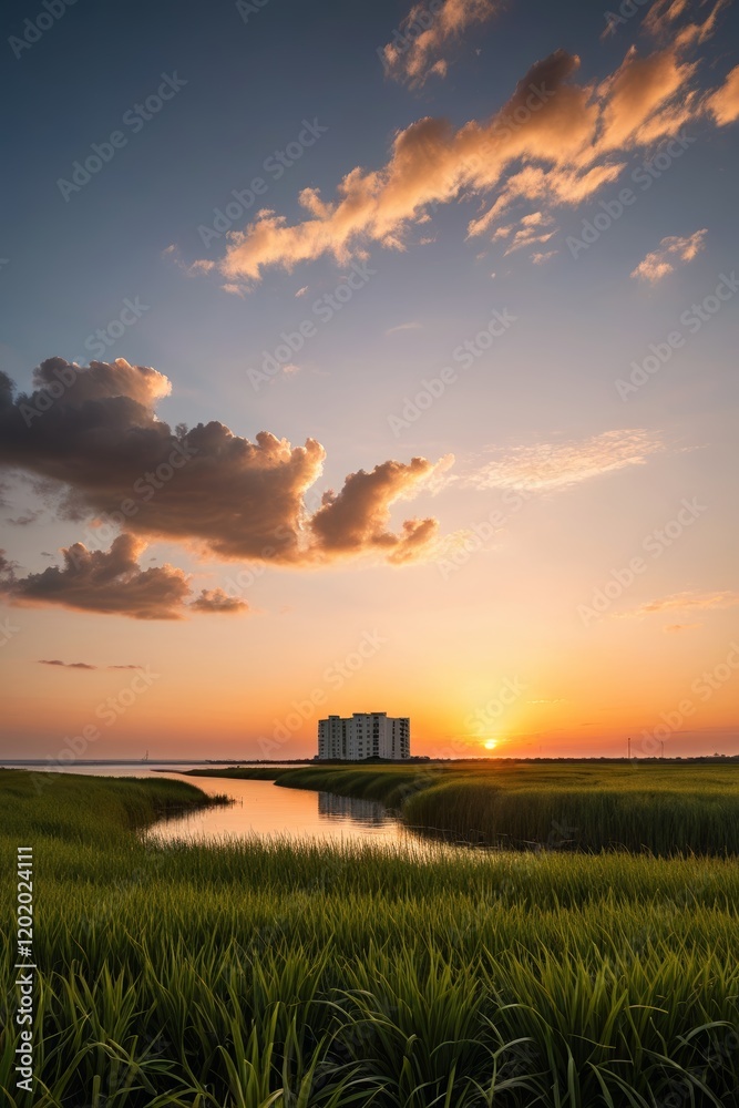 Fototapeta premium sunset over a marsh with a building in the distance