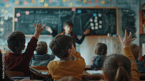 Schoolchildren raise hands  teacher lectures  classroom chalkboard