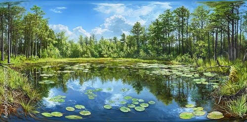 a seamless full spherical hdri panorama providing a 360-degree perspective of the cliff edge overlooking a expansive river in a deciduous forest on a sunny summer day, captured in equirectangular