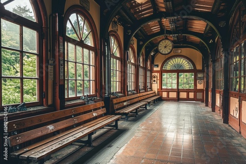 An old-fashioned corridor with wooden benches and large windows  creating a warm  inviting atmosphere.