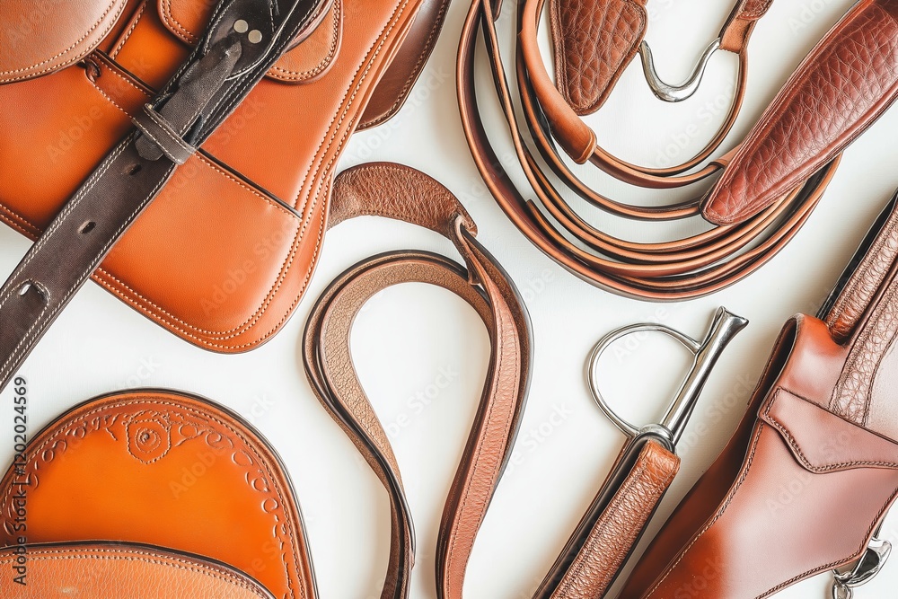 Obraz premium This collection of horse tack features varied leather pieces, including saddles and straps, showcasing exquisite craftsmanship and attention to detail.