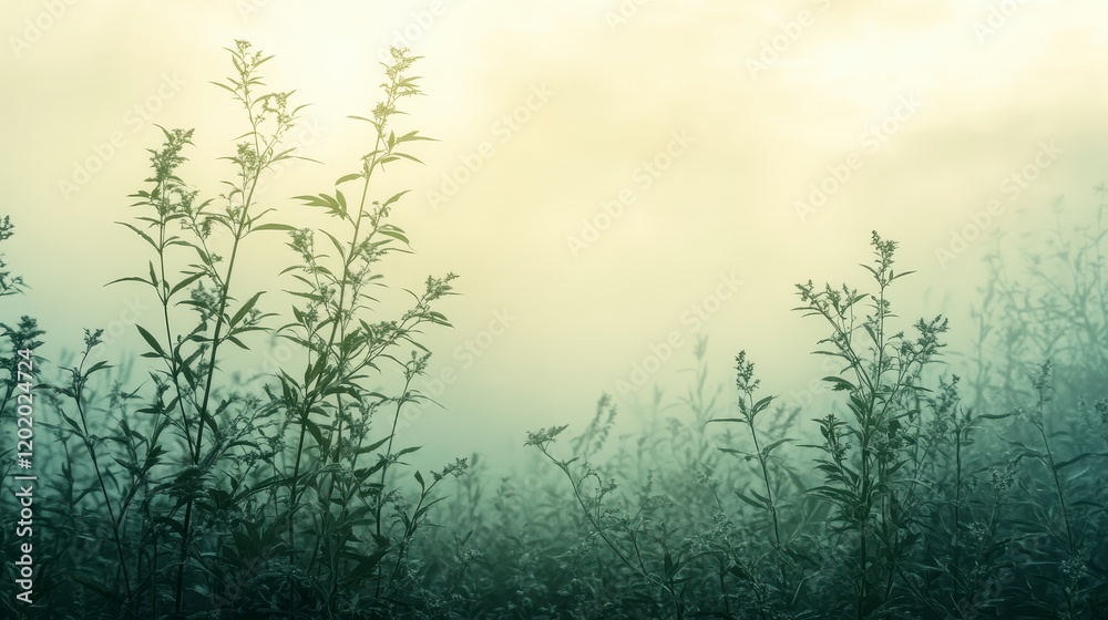 Obraz premium Serene Misty Meadow Ethereal Green Plants and Soft Morning Light