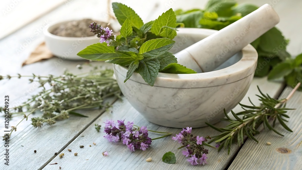 Fototapeta premium Fresh herbs with kitchen utensils