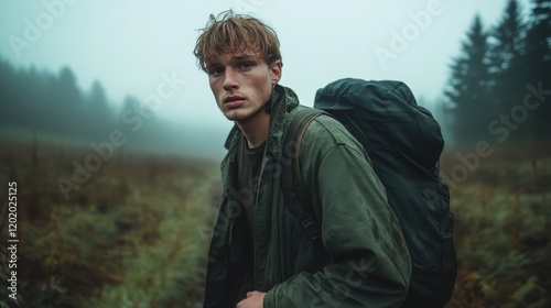 Captured in a foggy landscape, a man reflects on the beauty of nature, conveying a deep sense of introspection and connection with the wilderness around him. photo