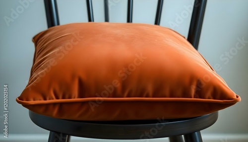 an orange pillow sitting on top of a black chair