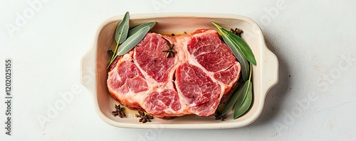 Raw meat slices arranged in a dish with fresh herbs and spices on a clean surface.