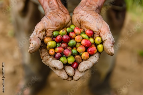 Ultra Hd Visual of Farmer Holding a Handful of Coffee Beans on Farm