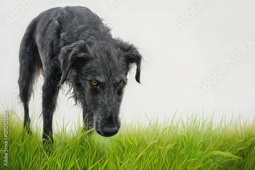 An irish wolfhound in a meadow explores its surroundings, showcasing its majestic stature and unique features against a backdrop of green grass. photo