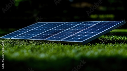 Solar panel on green grass, outdoors, renewable energy photo