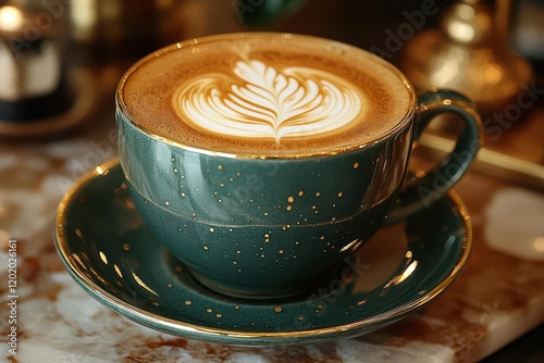 artisanal matte emerald ceramic mug with intricate gold-trimmed details, featuring a perfectly crafted rosetta latte art floating on velvet microfoam photo