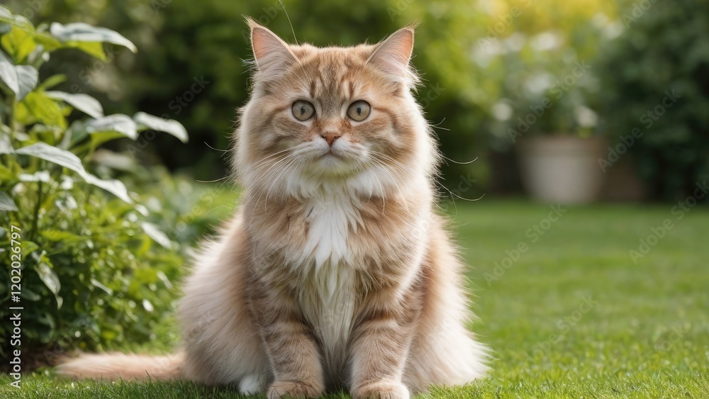 Fawn british longhair cat in the garden Fawn british longhair cat in the garden