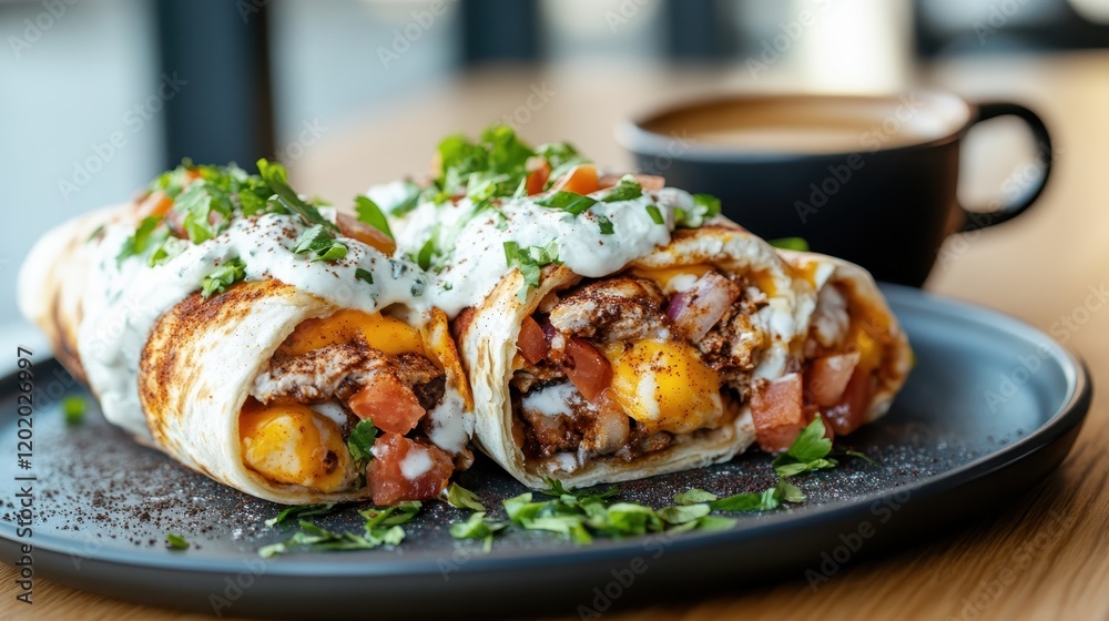 A vibrant plate of chicken burritos garnished with fresh tomatoes and creamy sauce, inviting food lovers to indulge in this flavorful, mouthwatering dish. A vibrant plate of chicken burritos garnished with fresh tomatoes and creamy sauce, inviting food lovers to indulge in this flavorful, mouthwatering dish.